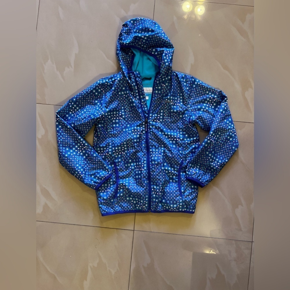Columbia sportswear Rain Jacket Blue Stars Dots Flowers Hooded Lightweight
